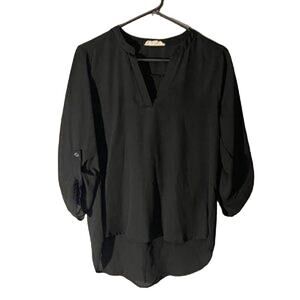 Pink Rose Black Cuffed Sleeve V-Neck Lightweight Blouse Women Sz M